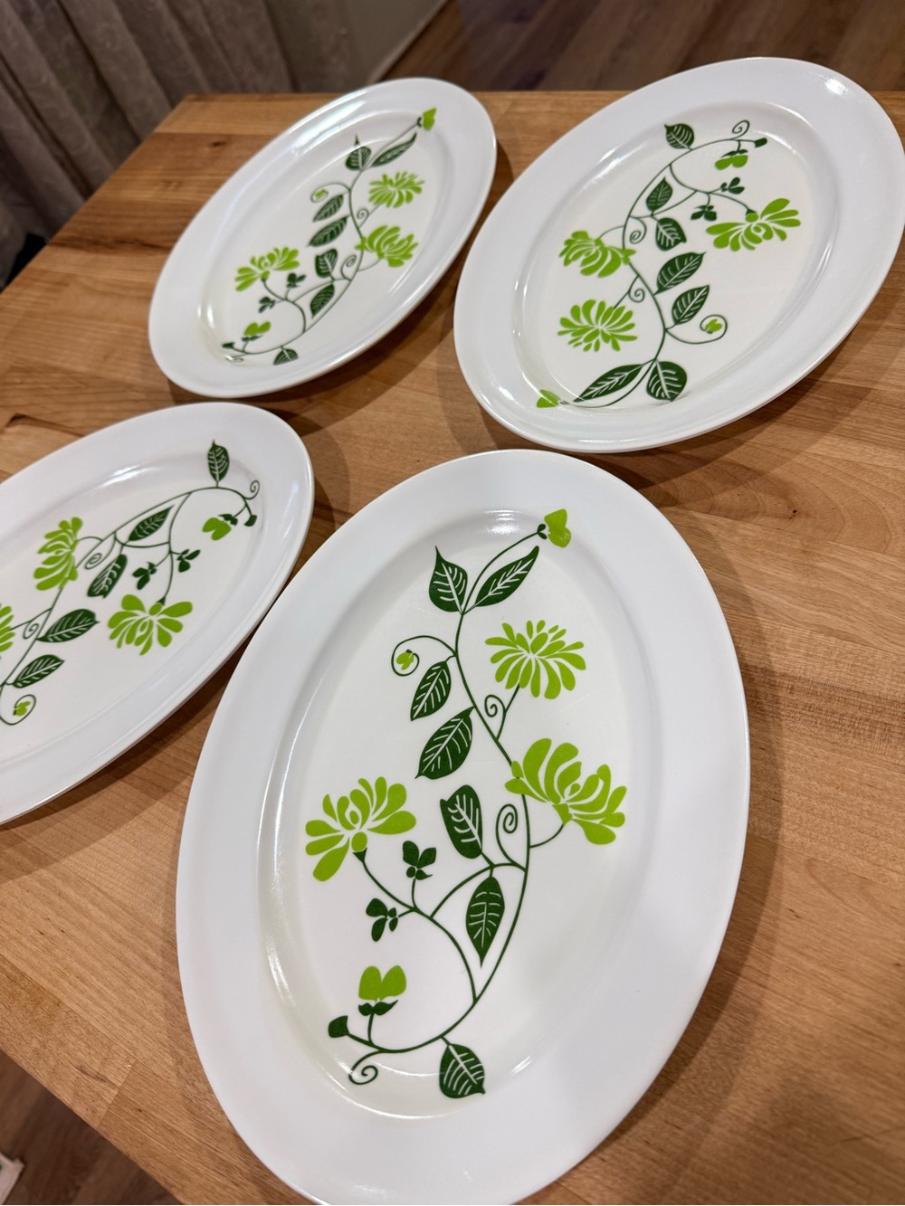 White Oval Serving Plastic Plates with Green Floral Vine Design - Set of 4